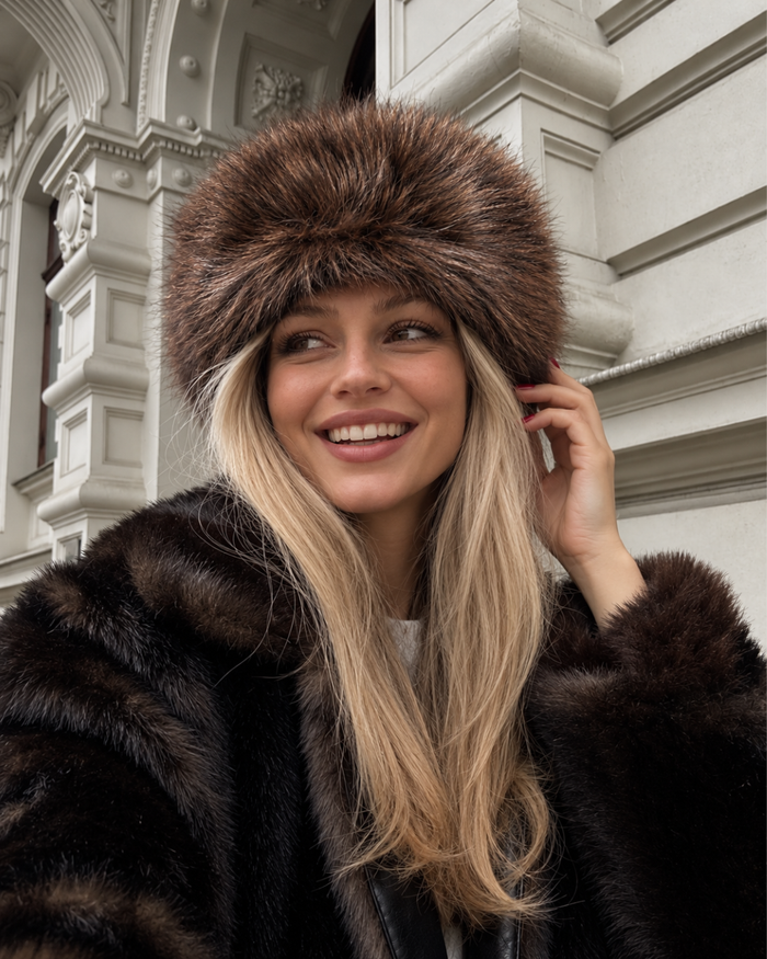 ICON FUR 2-IN-1 NATURAL FUR HEADBAND & NECK WARMER DARK CHOCOLATE