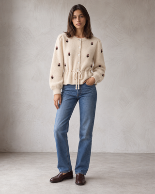 FLORAL KNITTED SWEATER WITH WAIST TIE