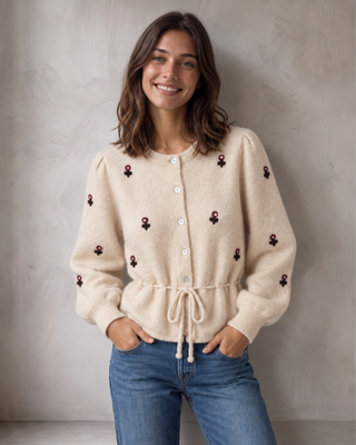 FLORAL KNITTED SWEATER WITH WAIST TIE