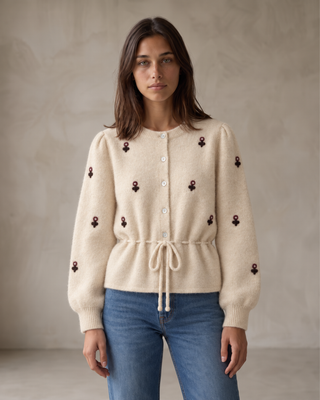 FLORAL KNITTED SWEATER WITH WAIST TIE