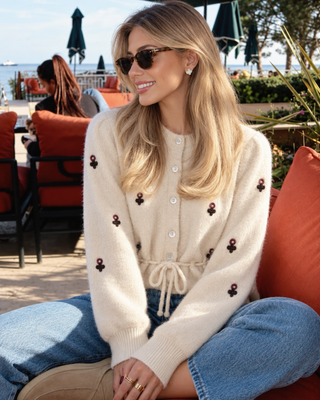 FLORAL KNITTED SWEATER WITH WAIST TIE