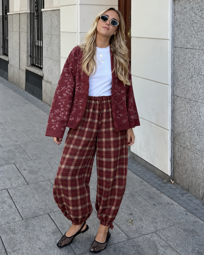 CHERRY CHECK PLAID BALLOON PANTS