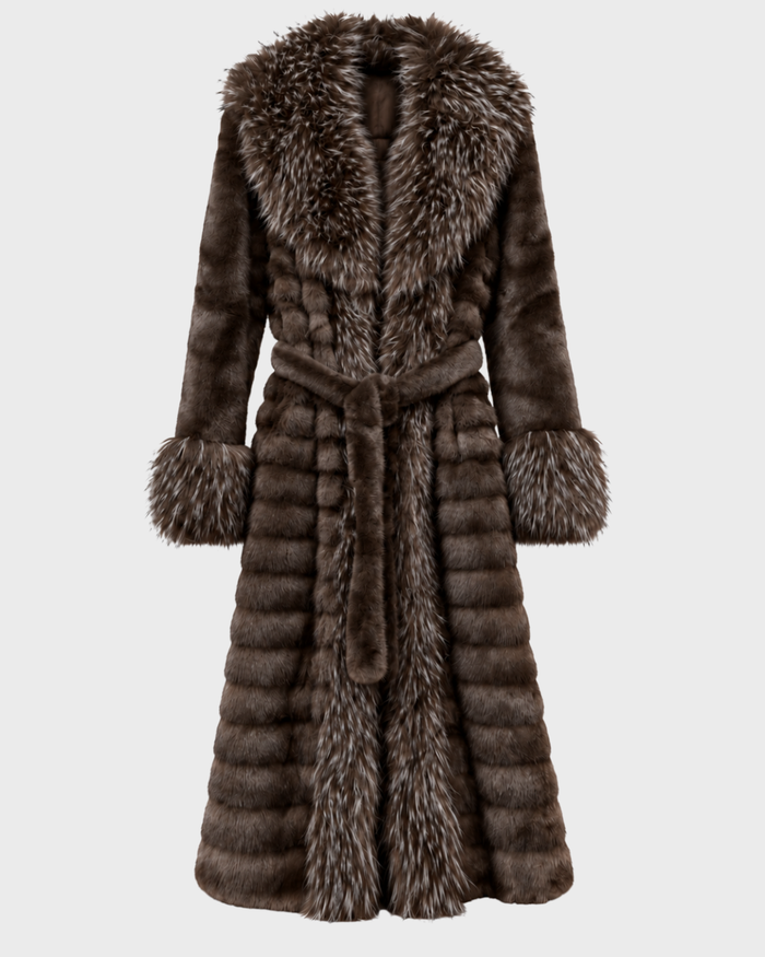 TWO-TONE VEGAN FAUX FUR MAXI COAT CHOCOLATE