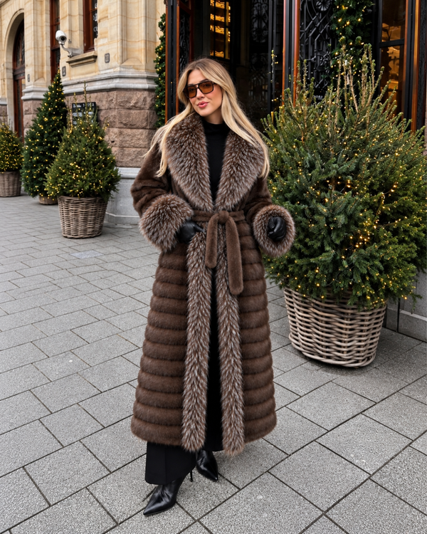 TWO-TONE VEGAN FAUX FUR MAXI COAT CHOCOLATE