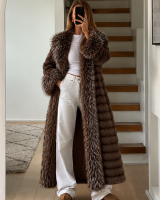 TWO-TONE VEGAN FAUX FUR MAXI COAT CHOCOLATE