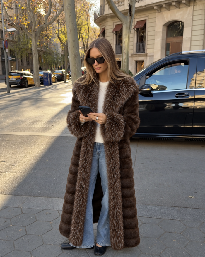 TWO-TONE VEGAN FAUX FUR MAXI COAT CHOCOLATE