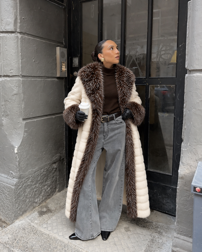 TWO-TONE VEGAN FAUX FUR MAXI COAT ARTIC WHITE