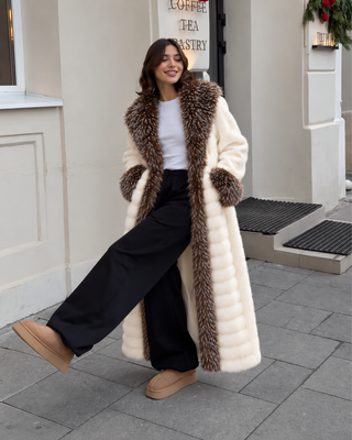 TWO-TONE VEGAN FAUX FUR MAXI COAT ARTIC WHITE