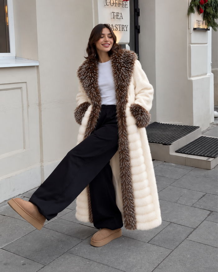 TWO-TONE VEGAN FAUX FUR MAXI COAT ARTIC WHITE