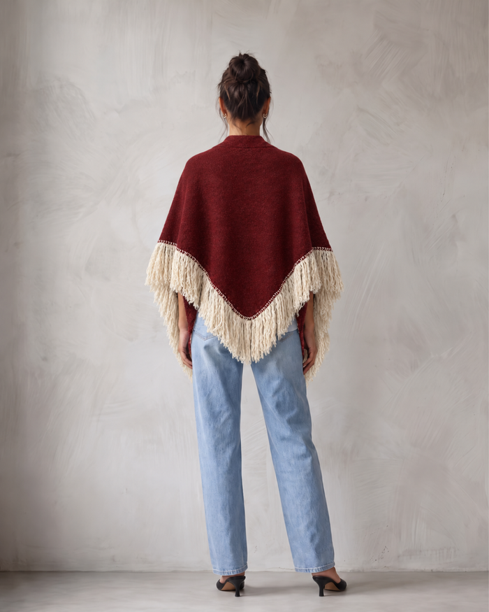 TWO-TONE WOOL SHAWL CAPE WITH FRINGES