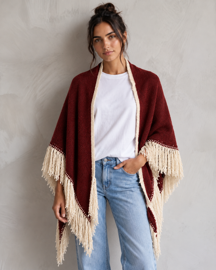 TWO-TONE WOOL SHAWL CAPE WITH FRINGES