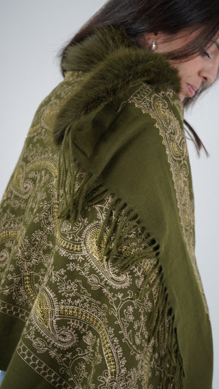 VIRAGO FUR-TRIMMED EMBROIDERED SHAWL